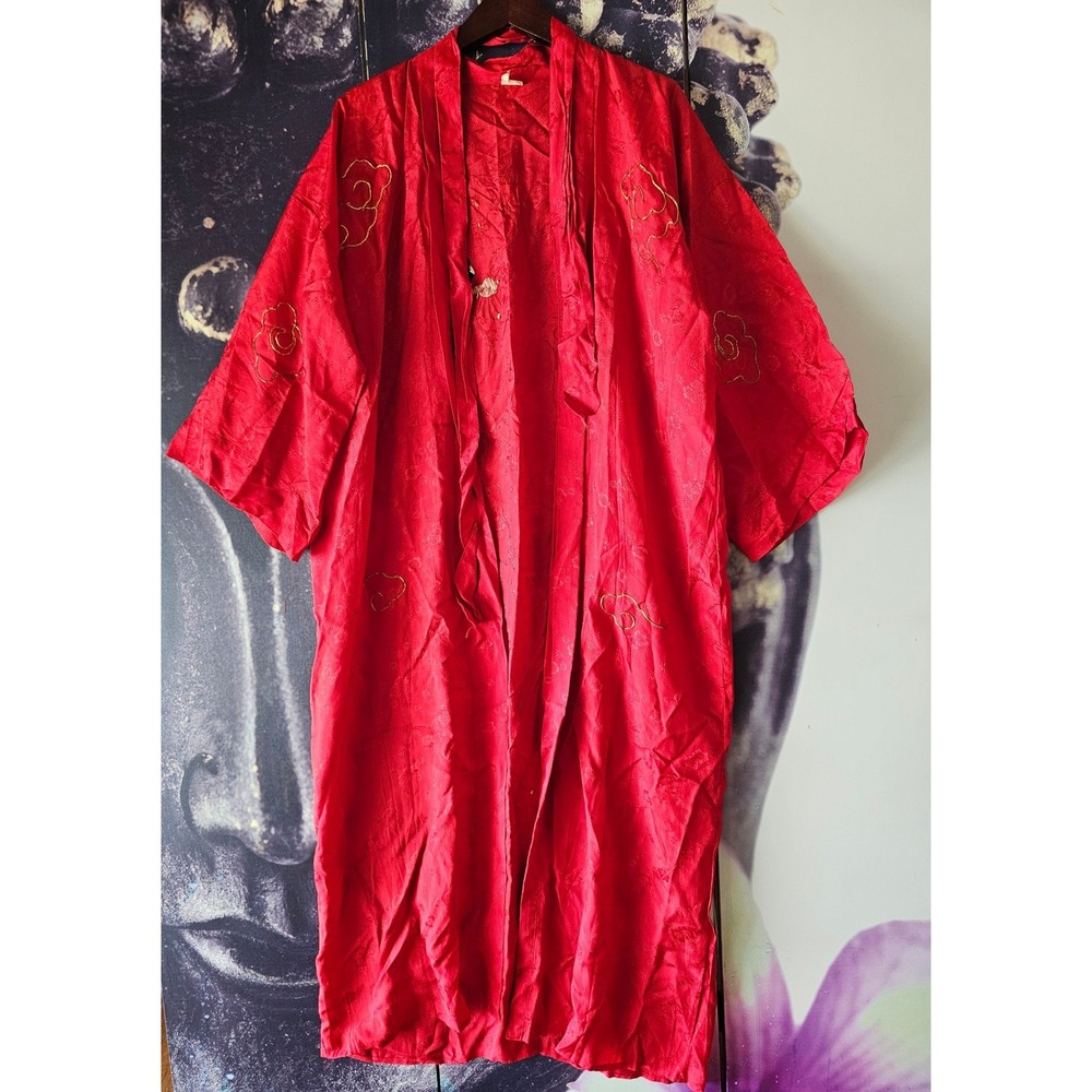 Vintage Red Satin Kimono Robe Gold Dragon Embroidery Long Loungewear Dress - Picture 6 of 13